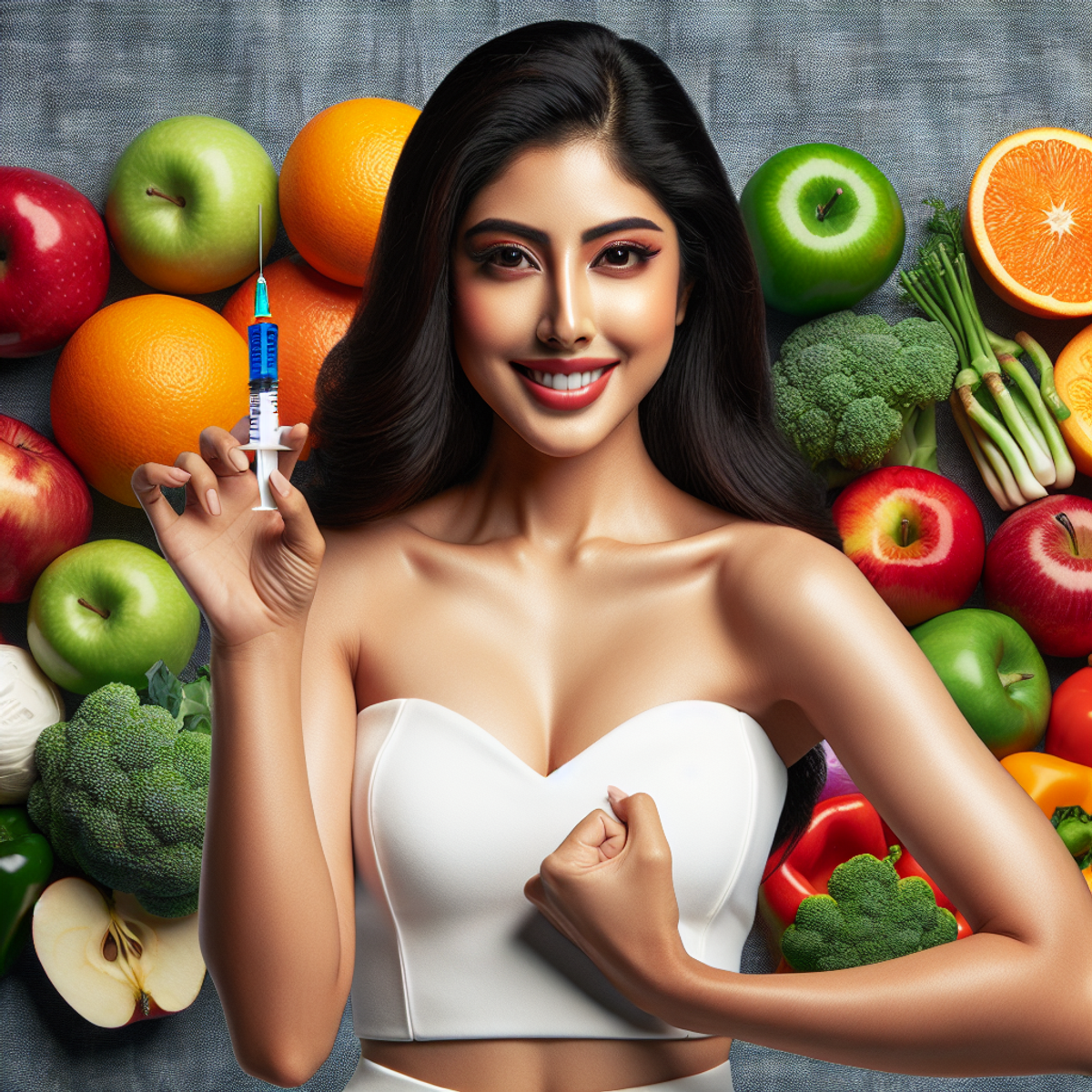 A young South Asian woman confidently holding a syringe with an assortment of fresh fruits and vegetables in the backdrop.
